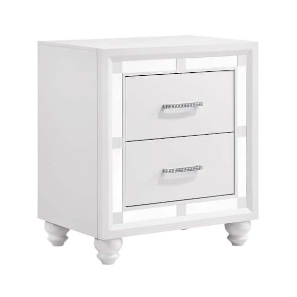 Benjara Pia 2-Drawers White Nightstand with Mirrored Trim and Felt Lined (27.5 in. H x 23.5 in. W x 16.5 in. L)