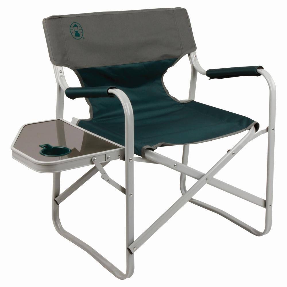 Folding camping chair with a grey backrest, dark green seat, and a built-in side table with a cup holder.