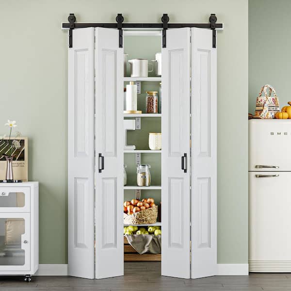 48 in. x 84 in. Paneled 4-Lite White Primed MDF Composite Bi-Fold Sliding Barn Door with Hardware Kit and Handle