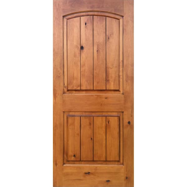 Krosswood Doors 18 in. x 96 in. Knotty Alder 2-Panel Top Rail Arch V-Groove Solid Right-Hand Wood Single Prehung Interior Door