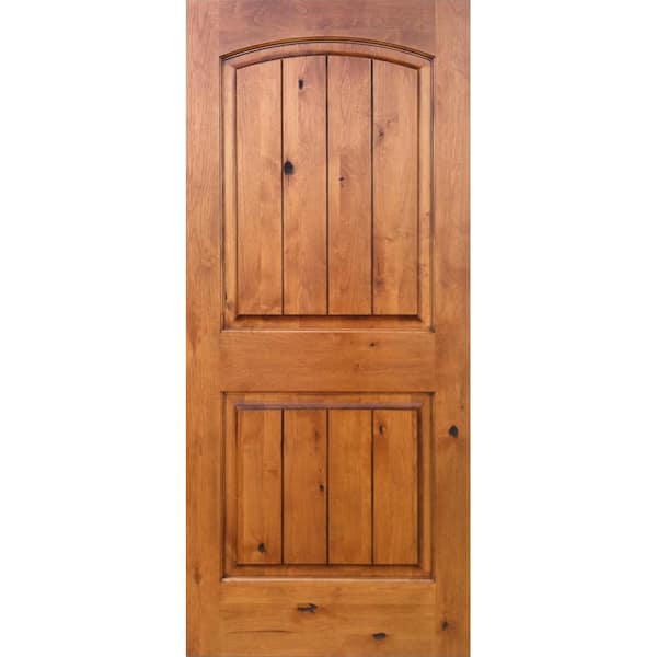 Krosswood Doors 24 in. x 96 in. Knotty Alder 2-Panel Top Rail Arch V-Groove Solid Left-Hand Wood Single Prehung Interior Door