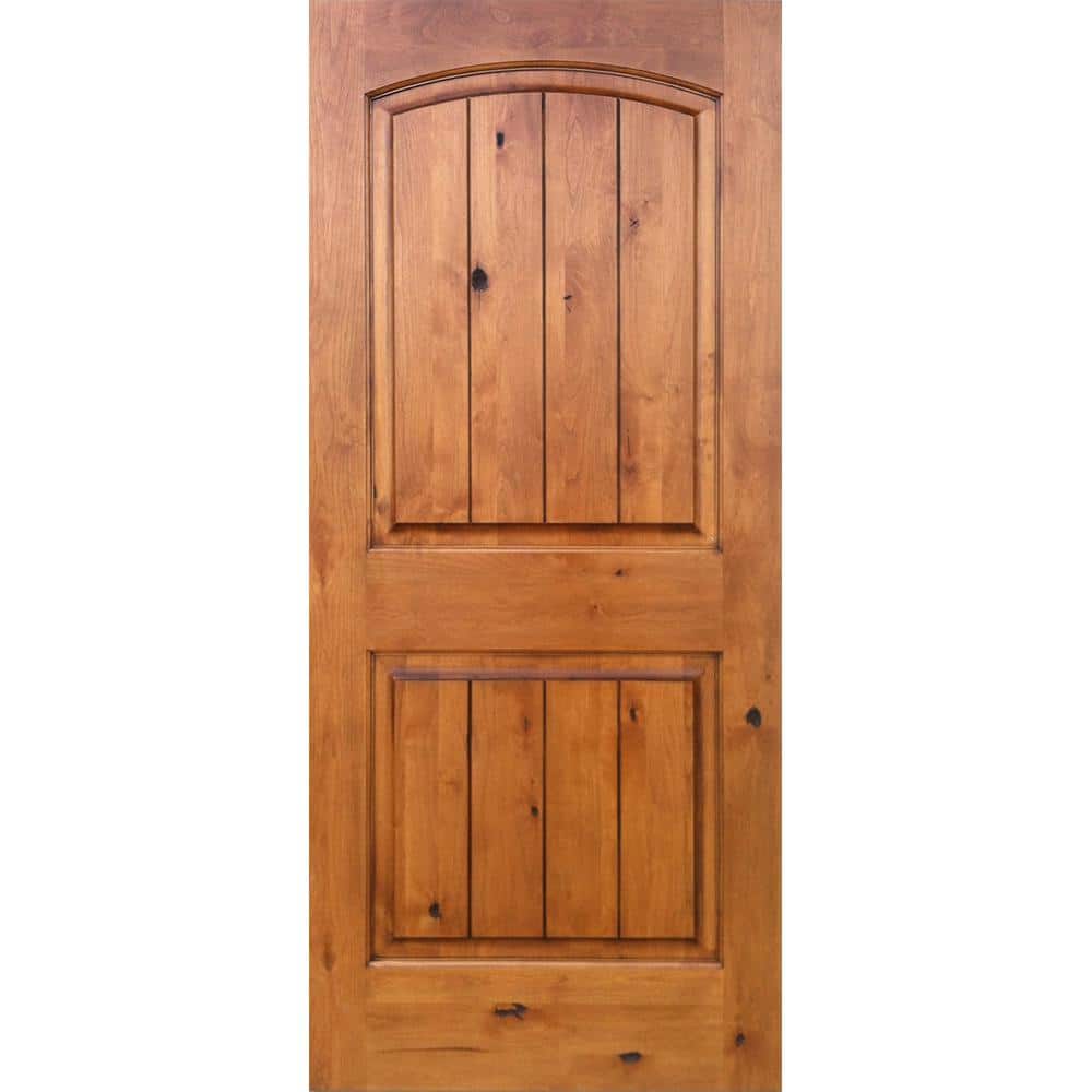 Krosswood Doors 32 in. x 80 in. Knotty Alder 2-Panel Top Rail Arch V-Groove Solid Right-Hand Wood Single Prehung Interior Door, Unfinished