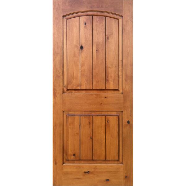 Krosswood Doors 32 in. x 96 in. Knotty Alder 2-Panel Top Rail Arch V-Groove Solid Left-Hand Wood Single Prehung Interior Door