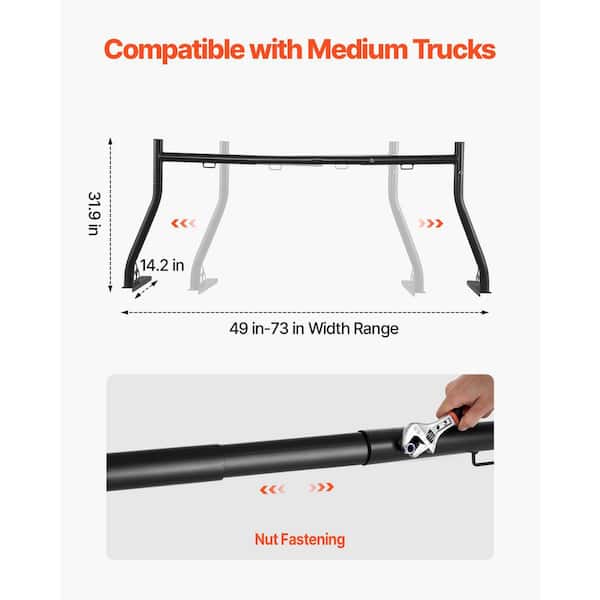Truck Ladder Rack, 49-73 in. Width, Extendable Steel Cargo Rack, 800 lbs. Capacity, For Canoes, Ladders & Large Cargo