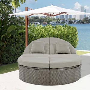 Luxury 2-Person Wicker Outdoor Day Bed with Gray Cushions and and Pillows, Adjustable Backrests and Foldable Cup Trays