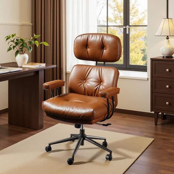Aro PU Fabric Swivel Ergonomic Office Task Chair in Light Brown with Desk Chair High Back Lumbar Support Adjustable Arms