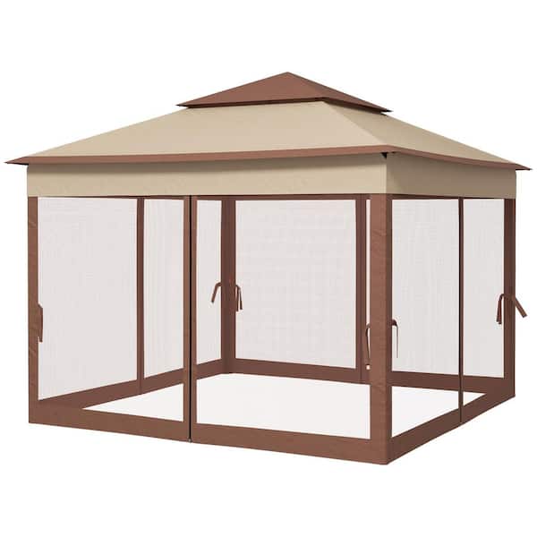 11 ft. x 11 ft. Brown Outdoor Patio Portable Gazebos Pop Up Canopy Tent with Removable Zipper Netting&Carry Bag