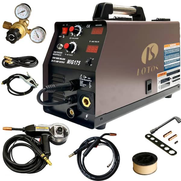 Lotos 175 Amp MIG Wire Feed Welder, Flux Core Welder and Aluminum Gas Shielded Welding with included Spool Gun, 220V