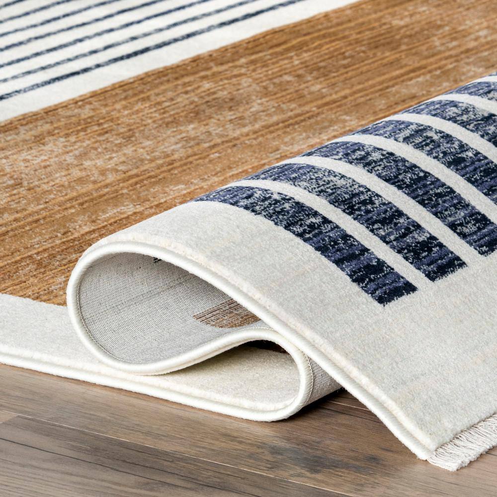 Keeva Beige and Black Striped Synthetic Area Rug