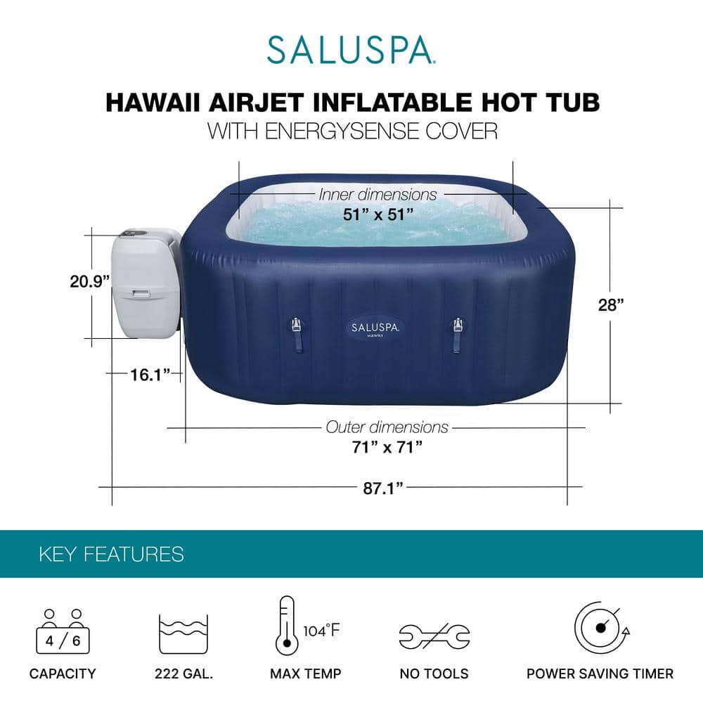 Hawaii Blue Inflatable Square Hot Tub with Seats and Pillows