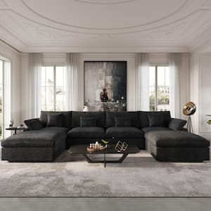 156 in.W Square Arm Linen Upholstered Rectangle 4-Seater Sofa with 2 ottomans in Black