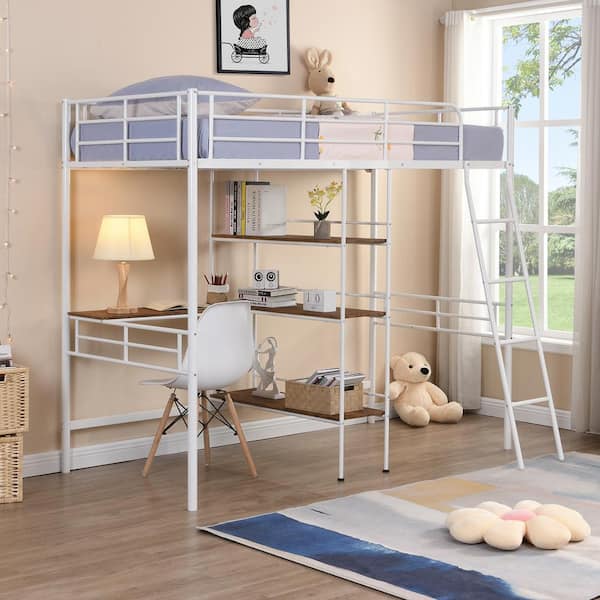 Qualler White Twin Size Metal Loft Bed with Built-in Desk and Shelves