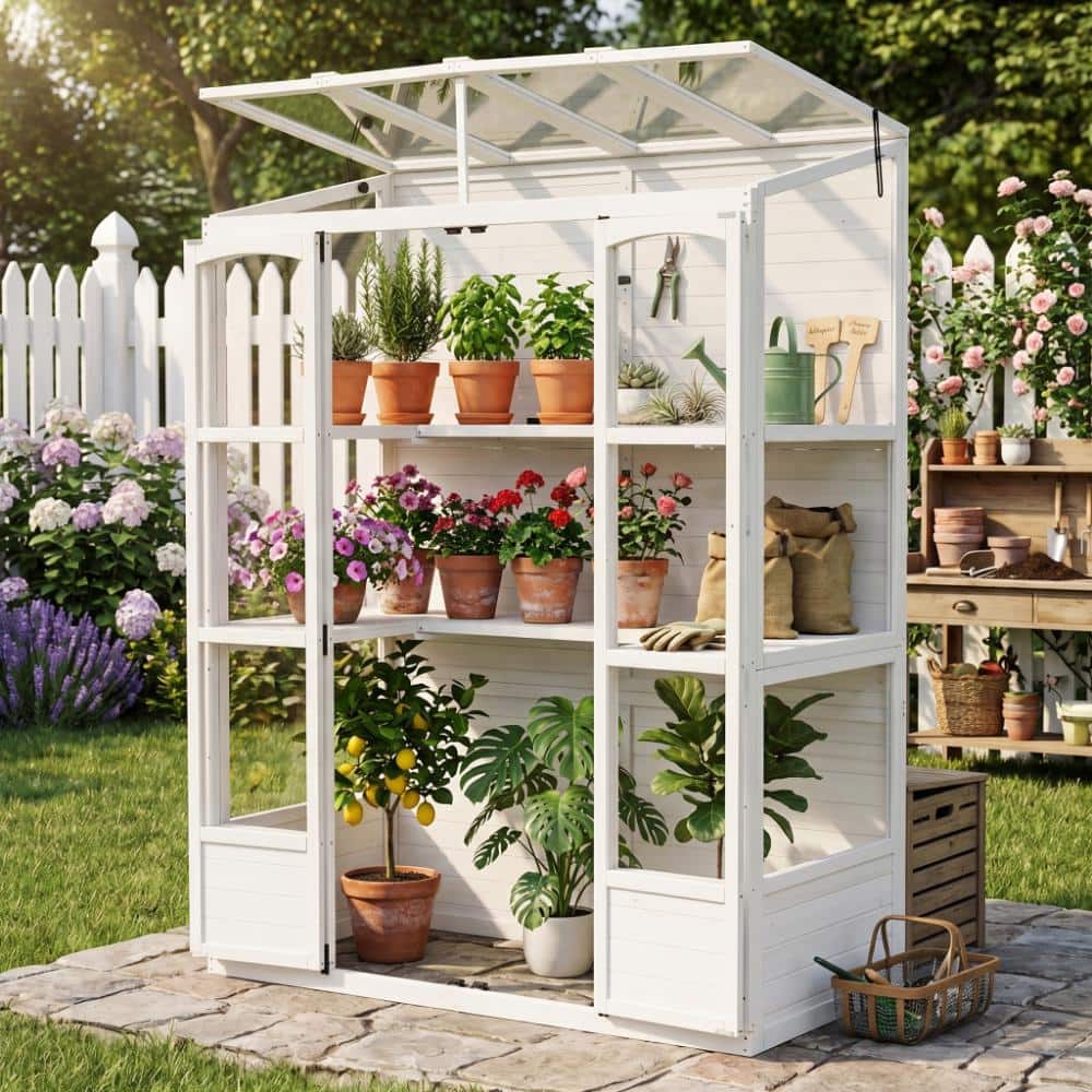 HomeAura 57.9 in. W x 29.1 in. D x 78.1 in. Wood White Greenhouse