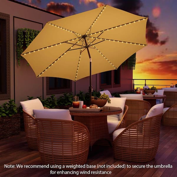 10 ft patio solar umbrella with crank and led lights SKONYON 10 ft Patio Umbrella with 112 Solar LED Lights and Crank Lift for Backyard Patio, Beige