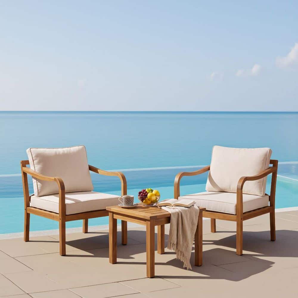 Teak Acacia Wood Outdoor Dining Chairs with Beige Cushions, Patio Club Chairs Suitable for Backyard (2-Pack)