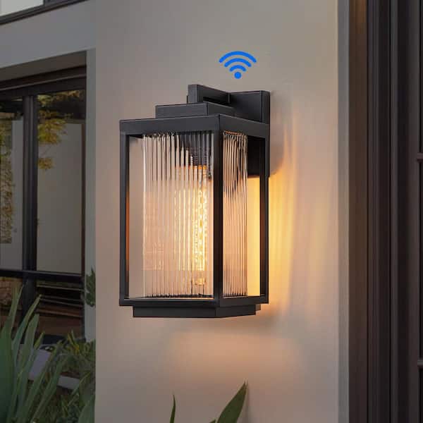 Harbor View 12.6 in. H 1-Light Black Dusk to Dawn Outdoor Hardwired Wall Lantern Scone with Ribbed Glass Shade