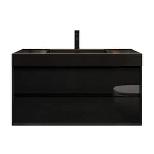 MIA 42 in. W x 20 in. D x 24 in. H Single Sink Floating Bath Vanity in Gloss Black with Black Stainless Steel Top