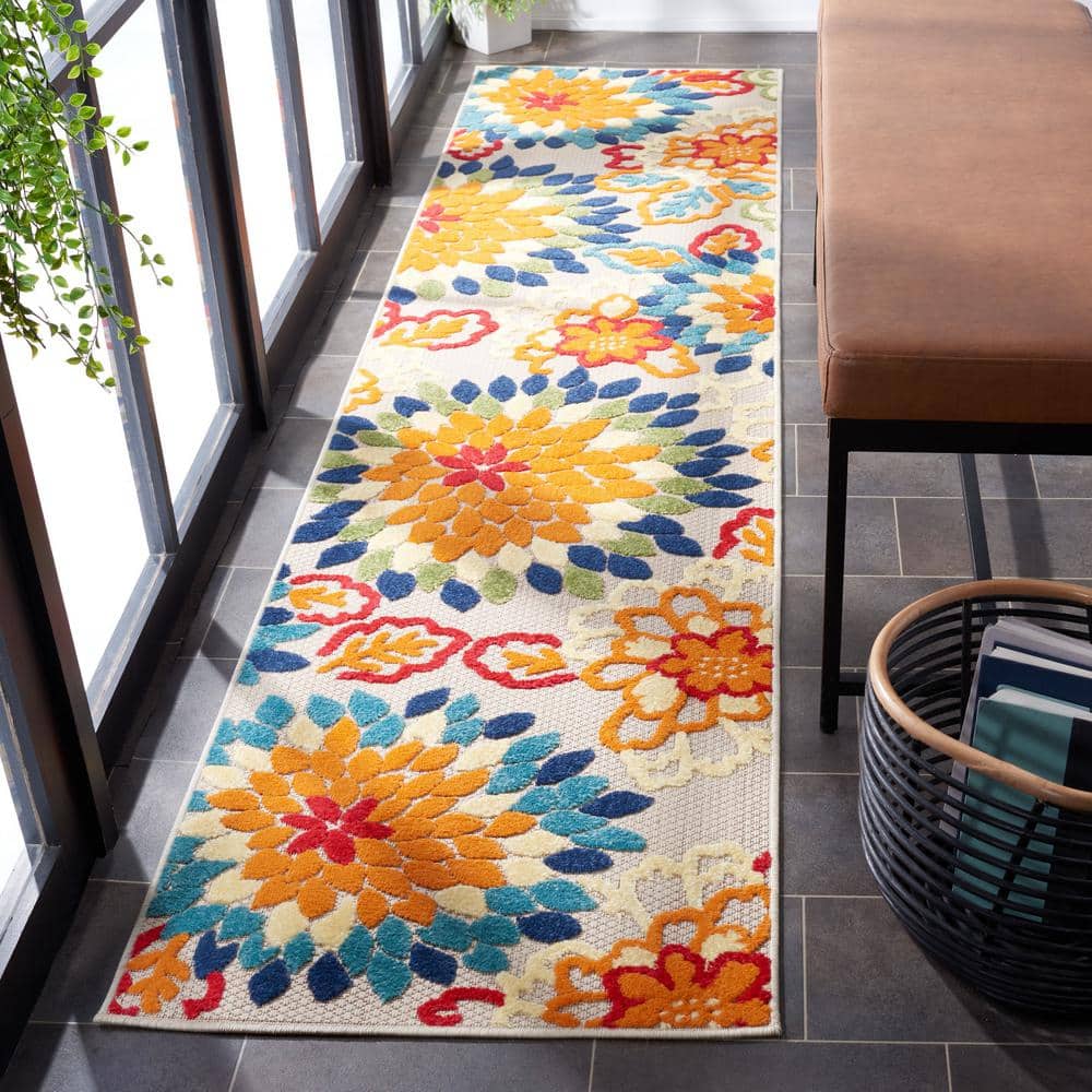 Ivory and Orange Floral Synthetic Runner Rug, 2'2" x 9'