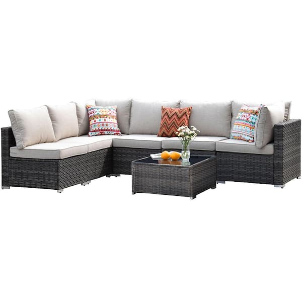 Gemini 7-Piece Wicker Outdoor Sectional Set with Beige Cushions