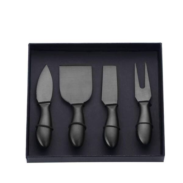 4-Piece Black Stainless Steel Mini Cheese Knife and Spreader Set for Charcuterie Boards, Present-Ready Gift