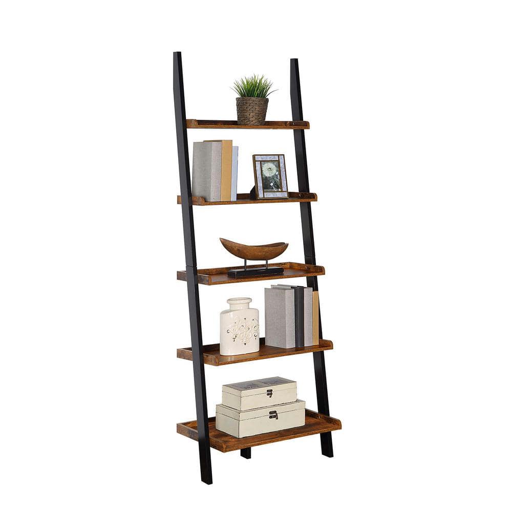 Barnwood and Black Adjustable Wood Ladder Bookshelf