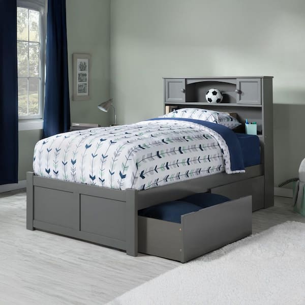 AFI Newport Grey Twin XL Solid Wood Storage Platform Bed with Flat Panel Foot Board and 2 Bed Drawers