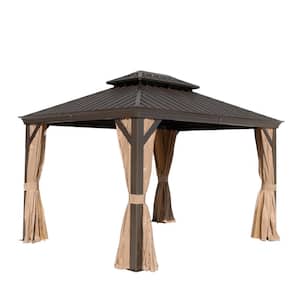 10 ft. x 12 ft. Brown Hardtop Coated Aluminum Double Top Gazebos with Mosquito Nets and Curtains(120 sq. ft.)