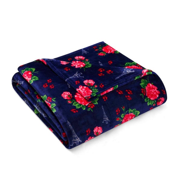 BETSEY JOHNSON French Floral 1-Piece Navy Blue Ultra Soft Plush Microfiber Twin Blanket