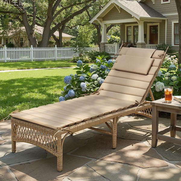 20.9 in. x 70.9 in. 1-Piece Outdoor Chaise Lounge Cushion Foldable Pool Lounge Chair Cushions with Headrest in Beige