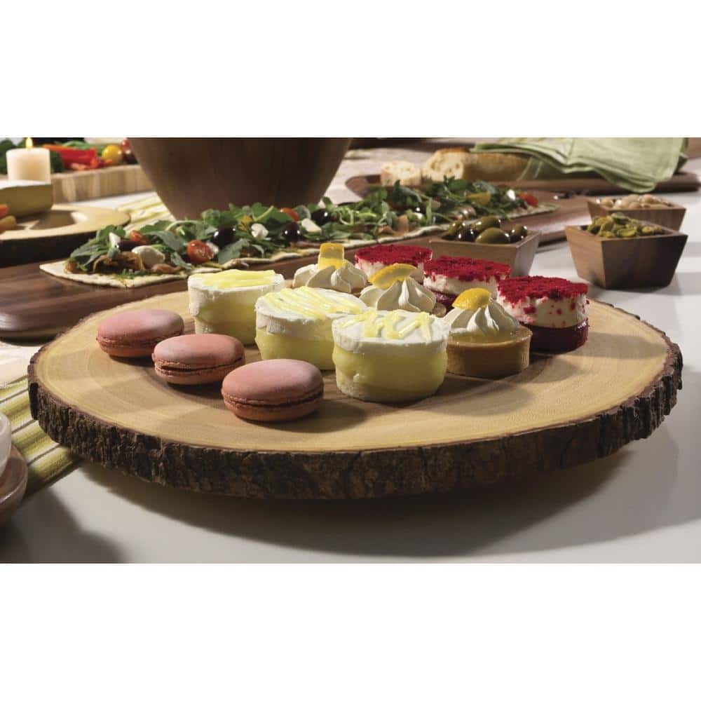 Large Rustic Acacia Wood Lazy Susan with Bark Rim