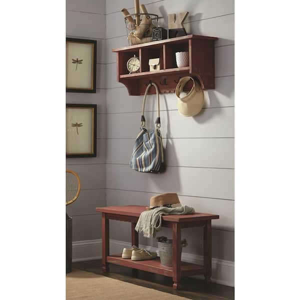 Alaterre Furniture Country Cottage Red Antique Coat Hooks and Bench Set