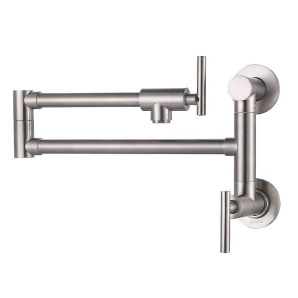 WOWOW Brass Wall Mounted Pot Filler with Control Double Joint Swing Arm in Brushed Nickel