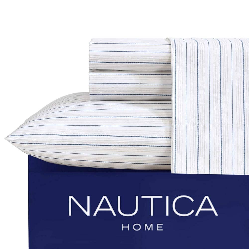 Twin XL Beige and Navy Cotton Percale Stripe Sheet Set