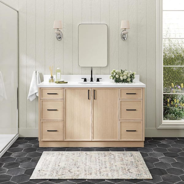 ARIEL Kelly 60 in. Single Sink Freestanding Bathroom Vanity in White Oak with Pure White Quartz Top