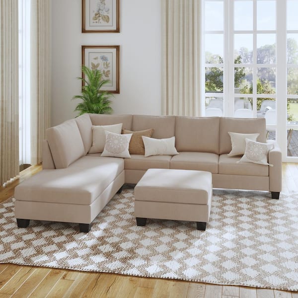 Seafuloy 110 in. W Square Arm Fabric Sectional L Shaped Sofa With Removable Ottoman in Warm Gray