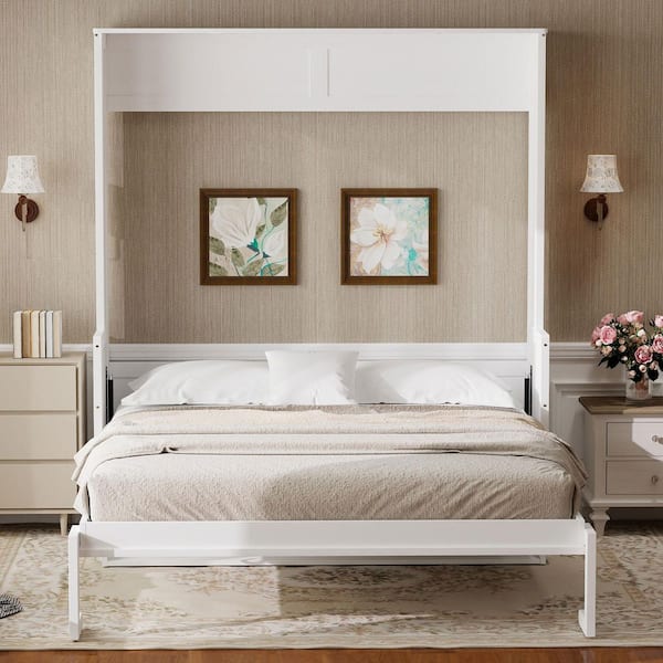 White Wood Frame Queen Murphy Bed with Desk, LED Lights and USB Charging Station