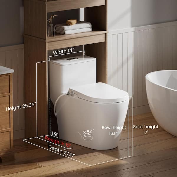 Elongated Non-Electric Bidet Toilet Combo Dual Flush 1.0/1.6 GPF in White with Adjustable Bidet, Power Flush, Soft Close
