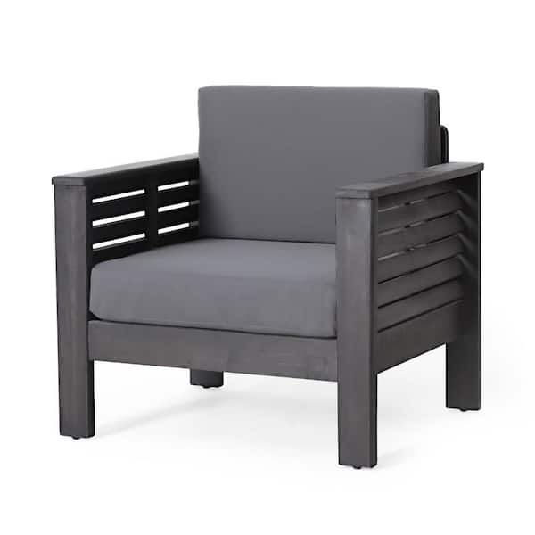 Benjara Quim Gray Shutter Slat Panel Acacia Wood Outdoor Lounge Chair with Dark Gray Cushion