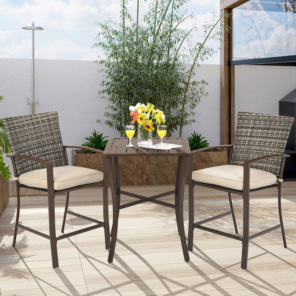 Brown Rattan and Steel 2-Person Patio Bar Set with Cushioned Stools