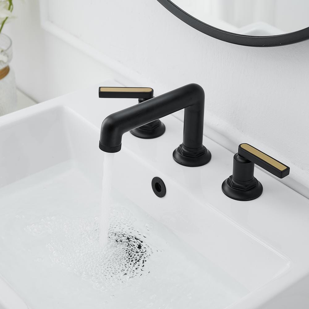 Matte Black Widespread Double Handle Bathroom Faucet with Metal Drain