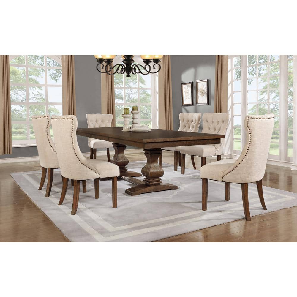 Walnut Wood Extendable Dining Table Set with Beige Linen Chairs