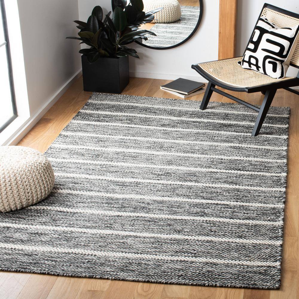 Handmade Black and Ivory Wool Striped Area Rug