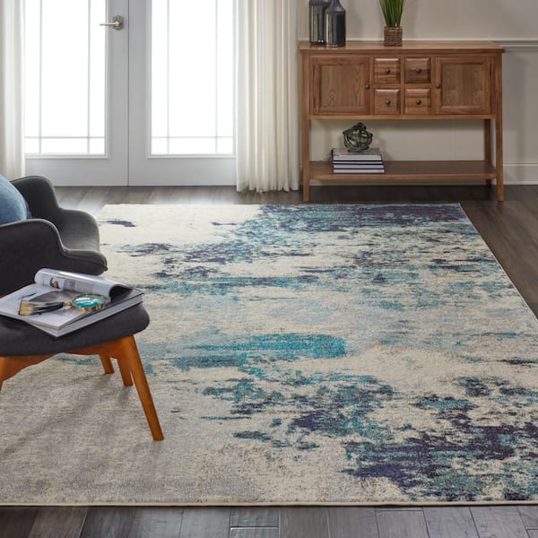 Celestial Ivory/Teal Blue 7 ft. x 10 ft. Abstract Modern Area Rug