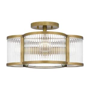 Aster 15 in. 4-Light Weathered Brass Semi-Flush Mount with Clear Ribbed Glass