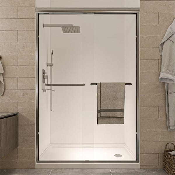46 to 48 in. W. x 72 in. H Double Sliding Semi-Frameless Shower Door in Brushed Nickel with Double Handle