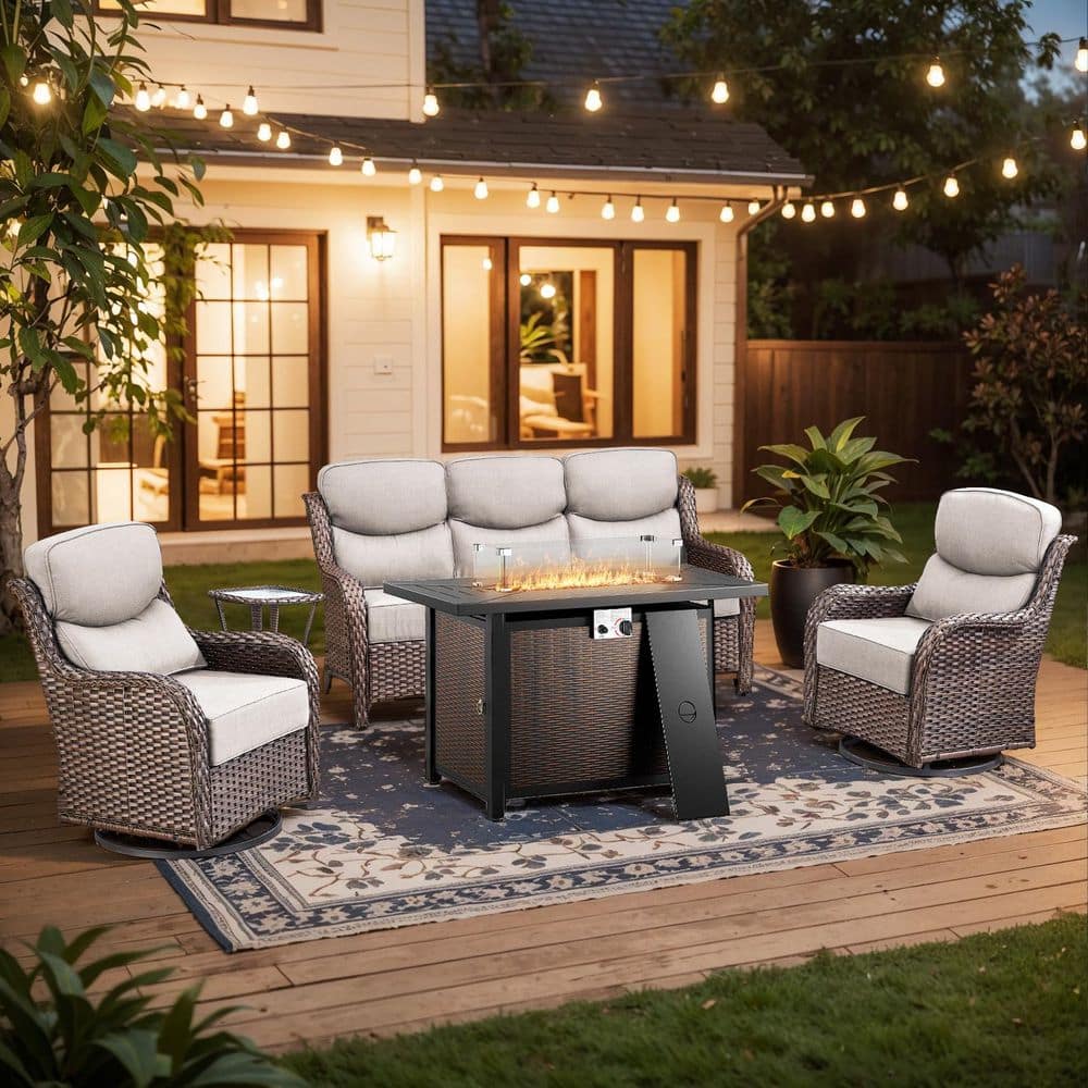Holion 5-Piece Brown Patio Conversation Set with Propane Fire Pit Table, Outdoor Sofa Swivel Chairs with Beige Cushions price history on PriceWatchPro