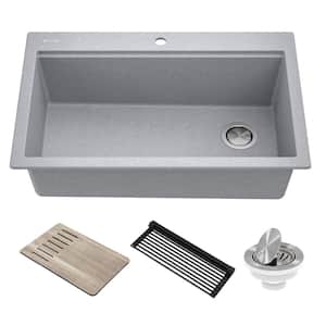Bellucci Workstation 33 in. Drop-In Granite Composite Single Bowl Kitchen Sink in Metallic Gray with Accessories