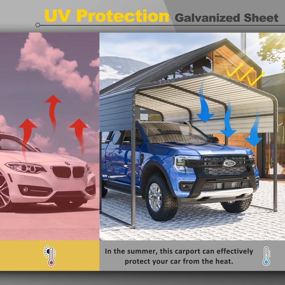 10 Ft. W x 15 Ft. D Gray Metal Carport with Peak Roof