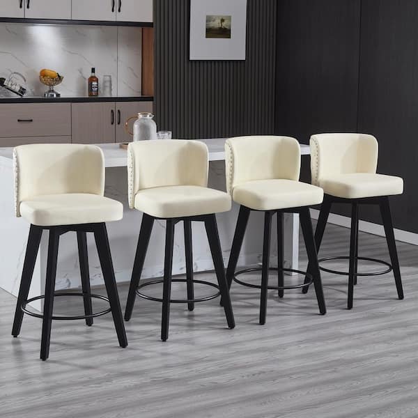 27.5 in. Cream Faux Leather Upholstered Wooden Counter Height Bar Stool Swivel Counter Stool (Set of 4)