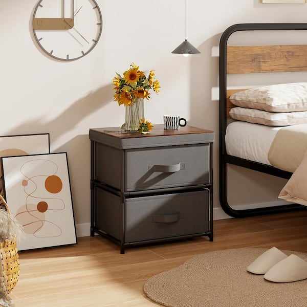 Gymax Grey and Rustic Brown 2-Drawer 12 in. W 2-Drawer Nightstand Fabric Storage Organizer Bedside Sofa Table